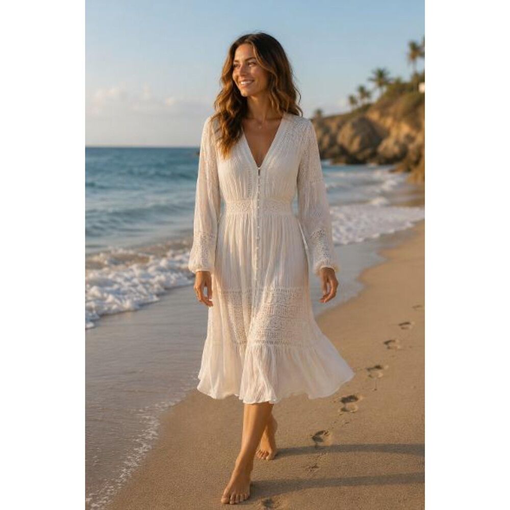 The Vintage Shop Midi White Lace Dress Size L Romantic Cottage Core Peasant Boho